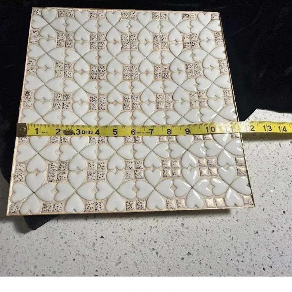 Mid Century Modern Mosaic‎ Heart Tray Gold Trim White Ceramic MCM